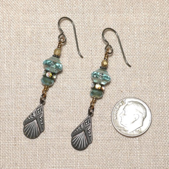 Hand Crafted Handmade Earrings Aqua Czech Glass Art Deco Rhinestone Earr… - Picture 3 of 5